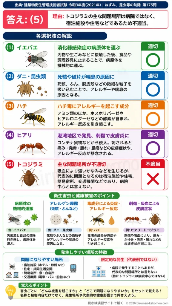 【ビル管過去問】令和3年度　問題175｜衛生害虫と健康被害｜イエバエ・ダニ・ハチ・ヒアリ・トコジラミを解説する画像