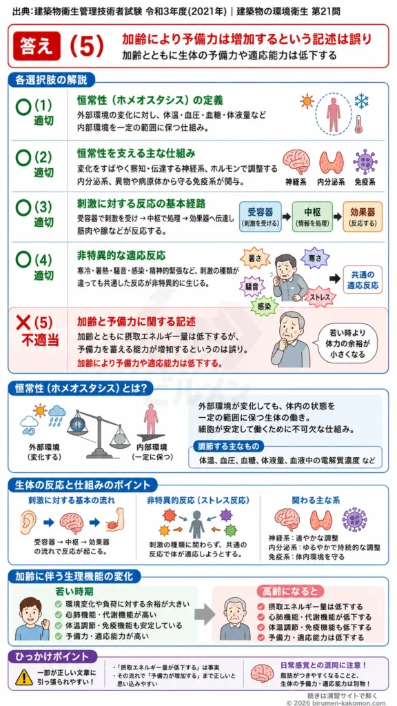 【ビル管過去問】令和3年度　問題21｜生体の恒常性ホメオスタシス｜神経系・内分泌系・加齢と適応反応を解説する画像