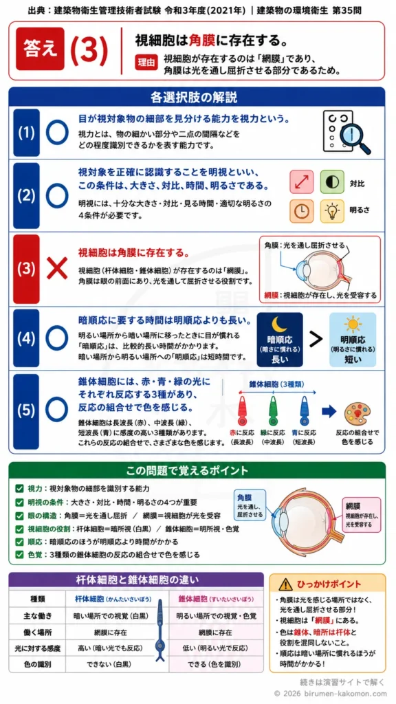 【ビル管過去問】令和3年度　問題35｜光の知覚と視覚機能｜視力・明視条件・暗順応・色覚を解説する画像