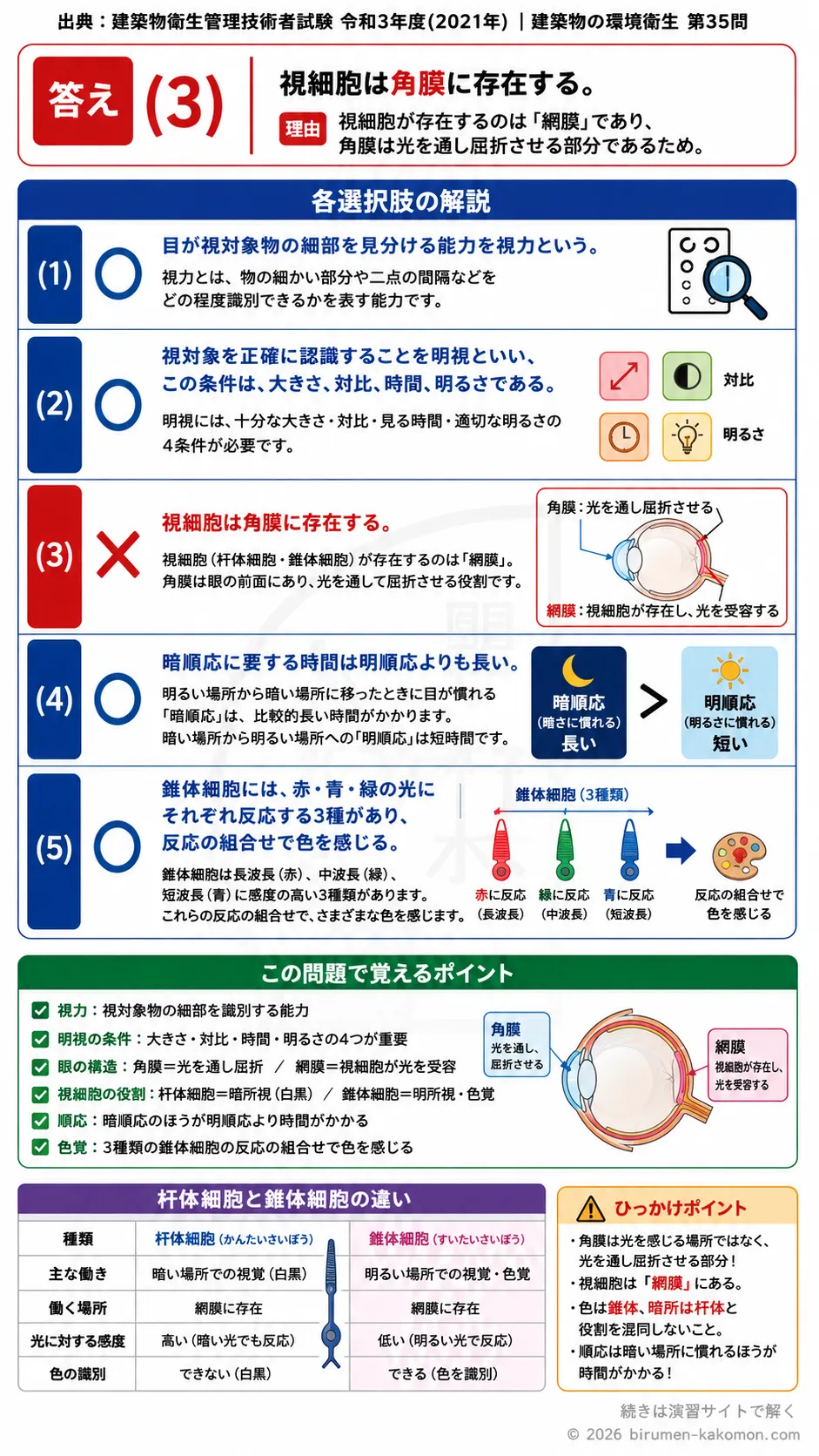 【ビル管過去問】令和3年度　問題35｜光の知覚と視覚機能｜視力・明視条件・暗順応・色覚を解説する画像