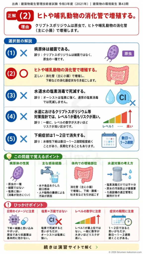 【ビル管過去問】令和3年度　問題43｜クリプトスポリジウム症の基礎知識｜感染経路・消化管増殖・水道対策を解説する画像