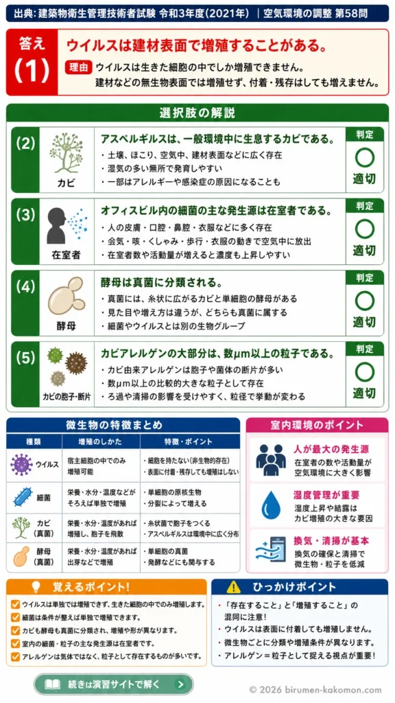 【ビル管過去問】令和3年度　問題58｜アレルゲンと微生物の基礎知識｜ウイルス・細菌・カビ・酵母を解説する画像