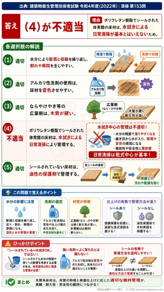 【ビル管過去問】令和4年度　問題153｜木質系床材の特徴と維持管理 体育館床・洗剤・保護剤を解説する画像