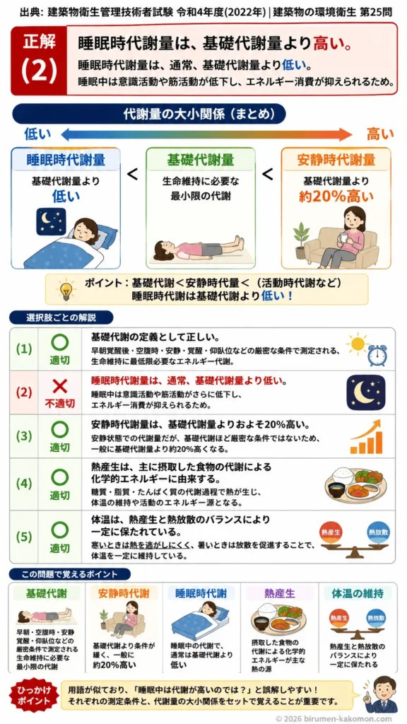 【ビル管過去問】令和4年度　問題25｜エネルギー代謝 基礎代謝・安静時代謝・睡眠時代謝を解説する画像