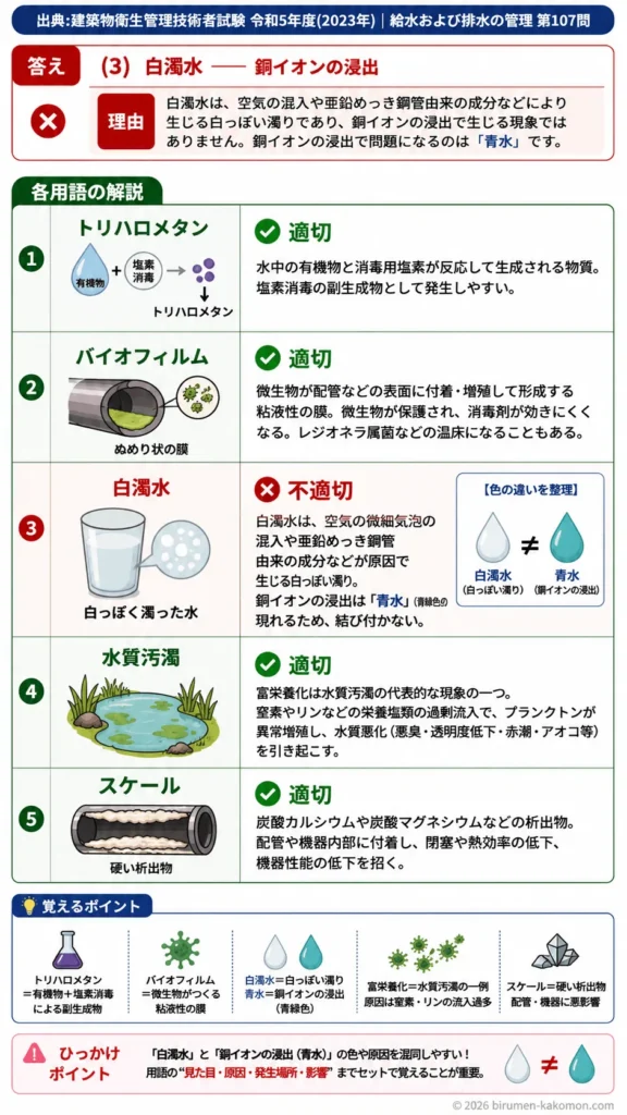 【ビル管過去問】令和5年度　問題107｜給排水管理用語｜トリハロメタン・バイオフィルム・白濁水・スケールを解説する画像