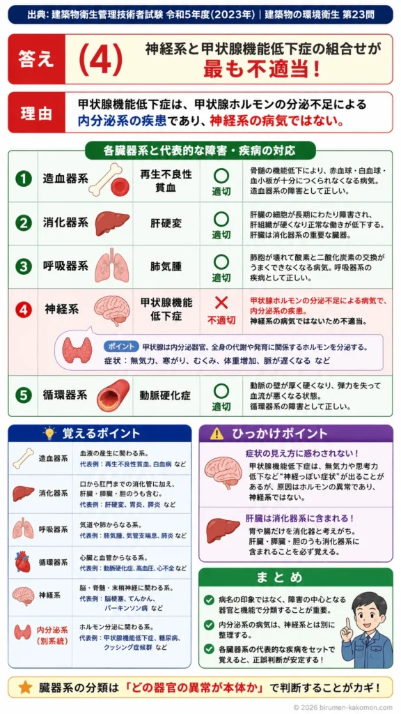 【ビル管過去問】令和5年度　問題23｜人体の臓器系｜各器官と代表的疾病（循環器・呼吸器・神経系など）の対応を解説する画像
