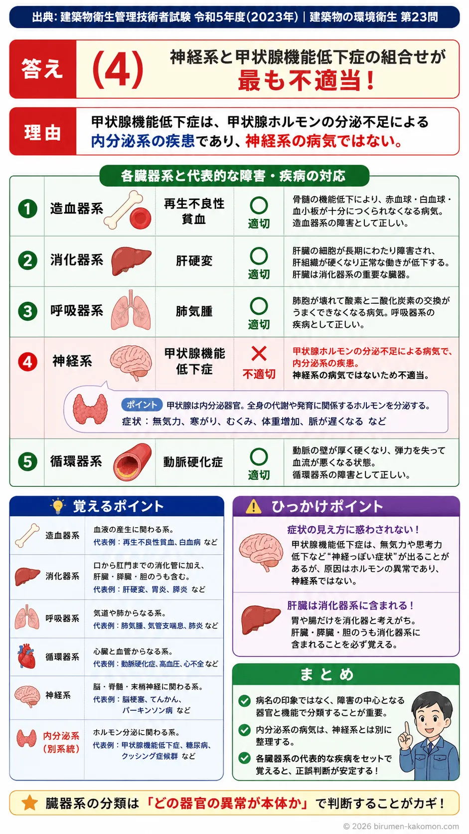 【ビル管過去問】令和5年度　問題23｜人体の臓器系｜各器官と代表的疾病（循環器・呼吸器・神経系など）の対応を解説する画像