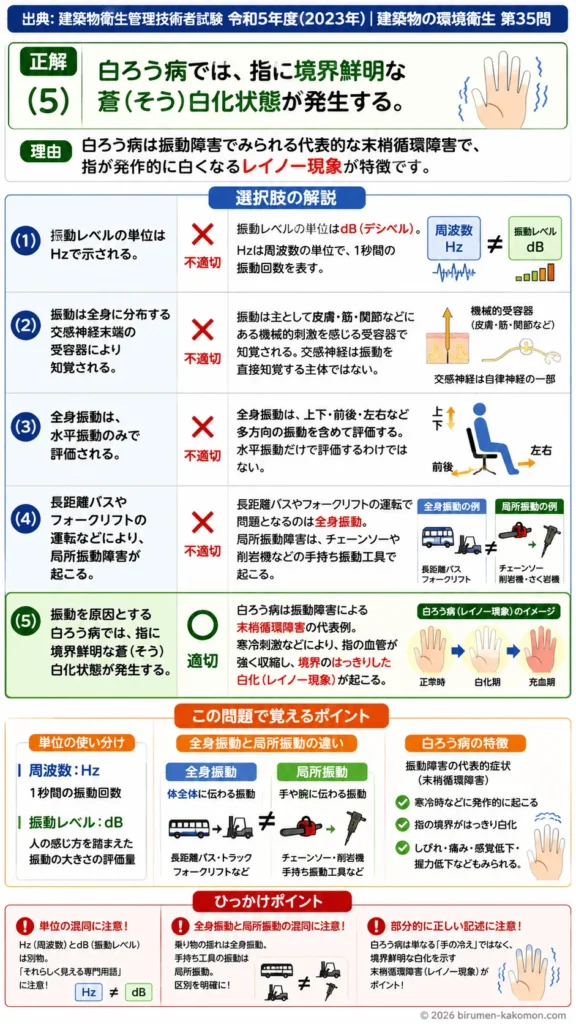 【ビル管過去問】令和5年度　問題35｜振動｜全身振動・局所振動・白ろう病の症状を解説する画像