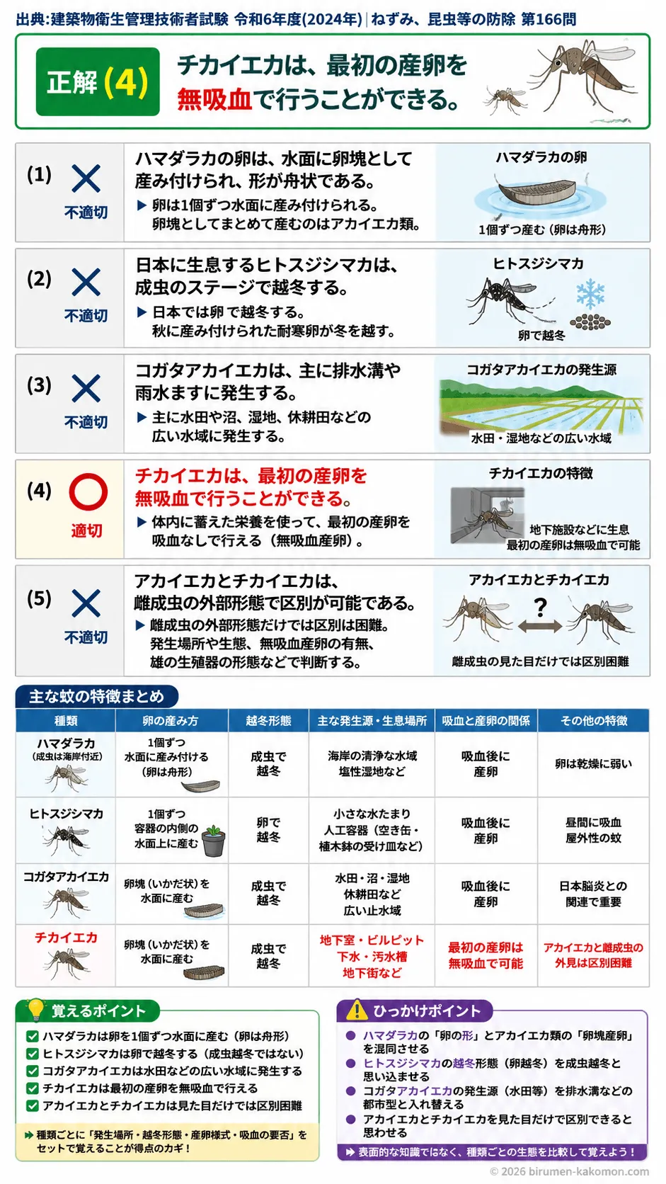 【ビル管過去問】令和6年度　問題166｜蚊の生態と種類（ハマダラカなど）を解説