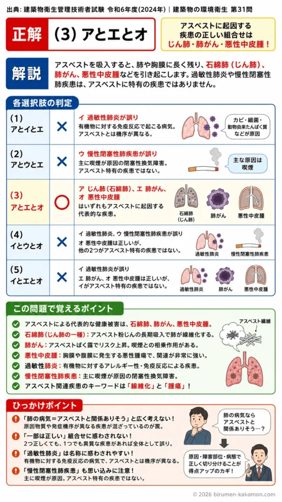 【ビル管過去問】令和6年度　問題31｜アスベストによる健康被害（石綿肺中皮腫肺がん）を解説
