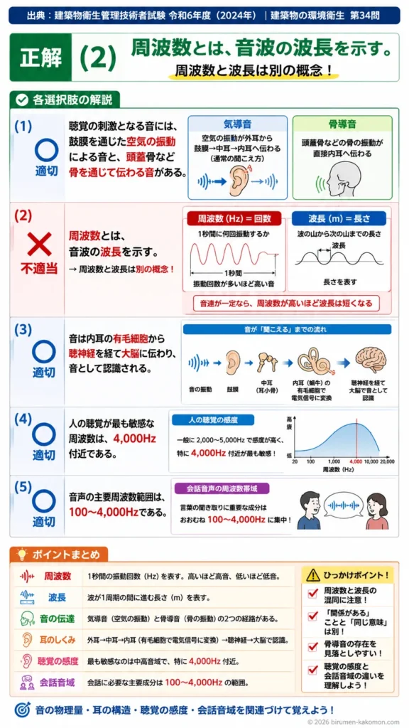 【ビル管過去問】令和6年度　問題34｜音の性質と聴覚の仕組み（音の伝達耳の構造）を解説