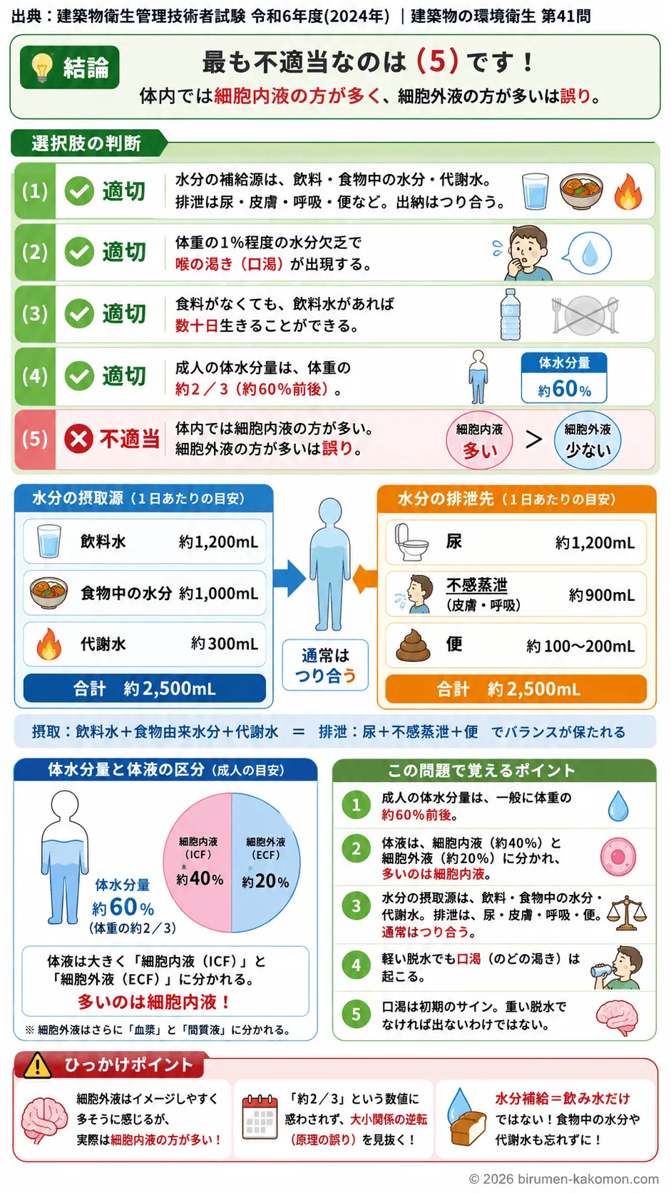 【ビル管過去問】令和6年度　問題41｜人体の水分バランスと体内水分収支（尿発汗摂取量）を解説