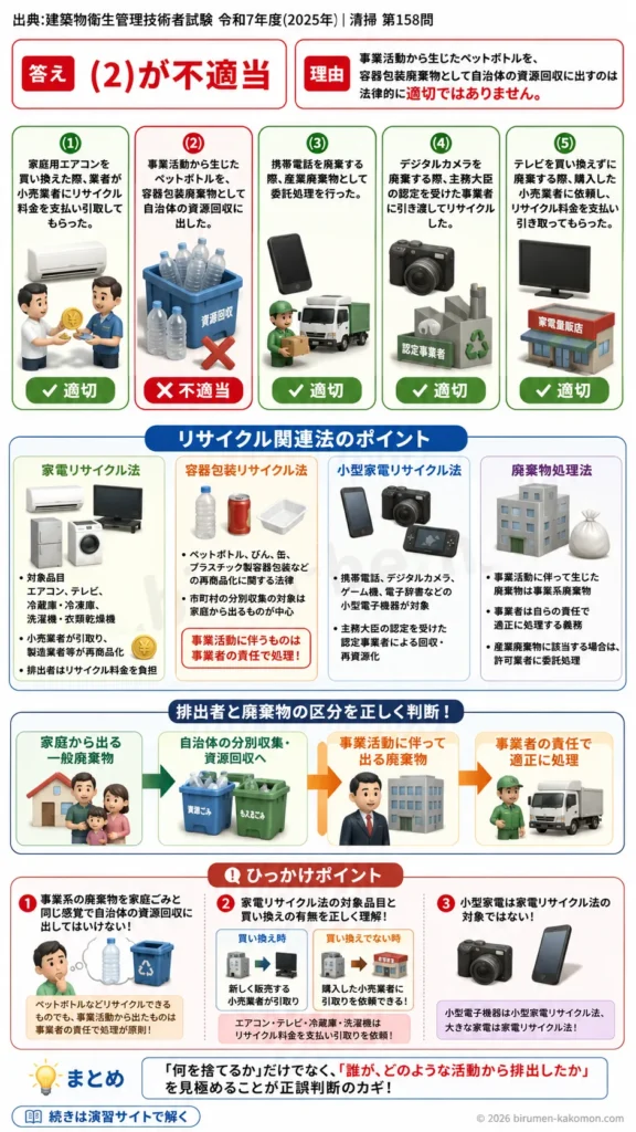 【ビル管過去問】令和7年度　問題158｜リサイクル関連法と建築物廃棄物を解説する画像