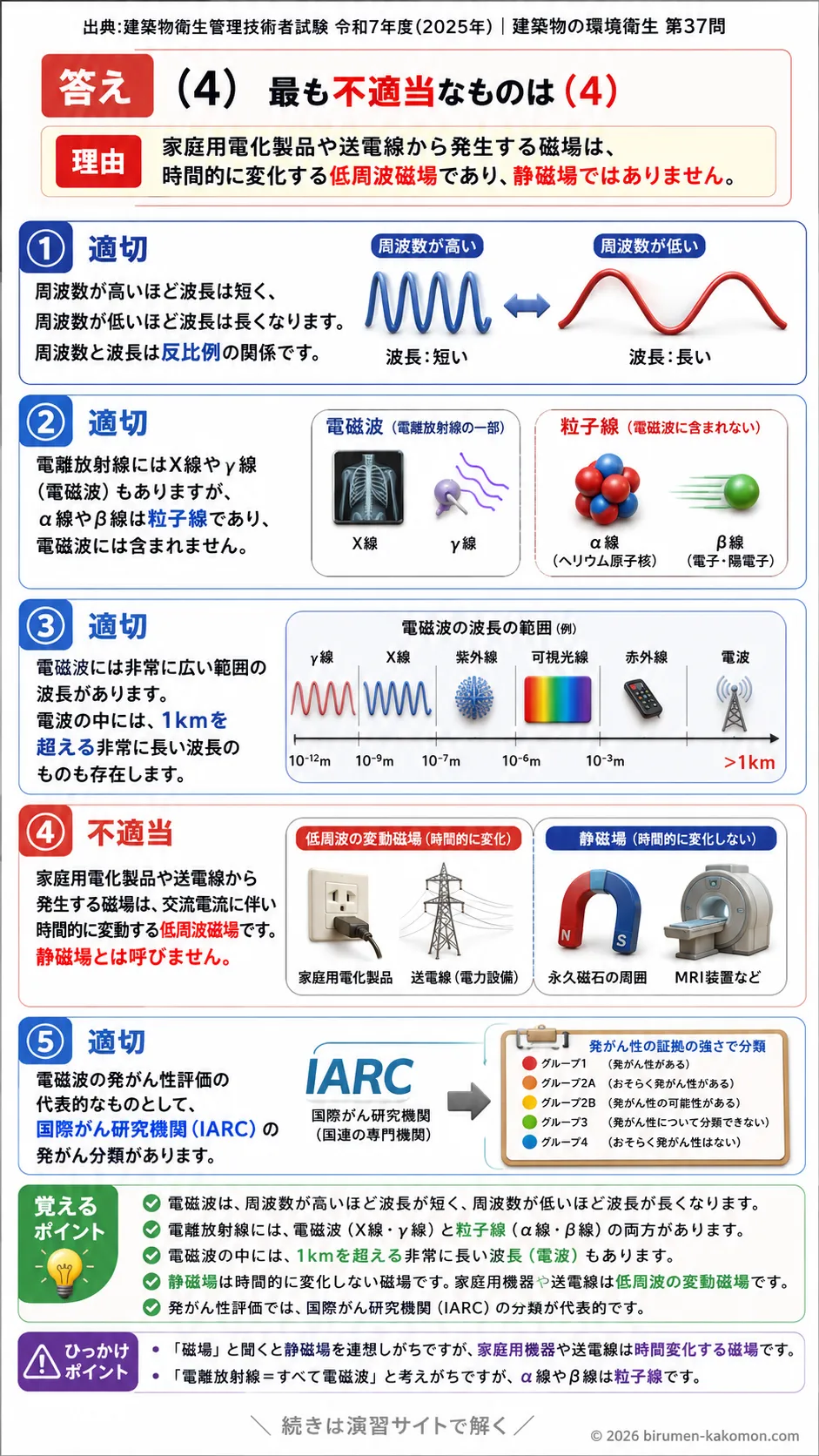 【ビル管過去問】令和7年度　問題37｜電磁波の人体影響を解説する画像