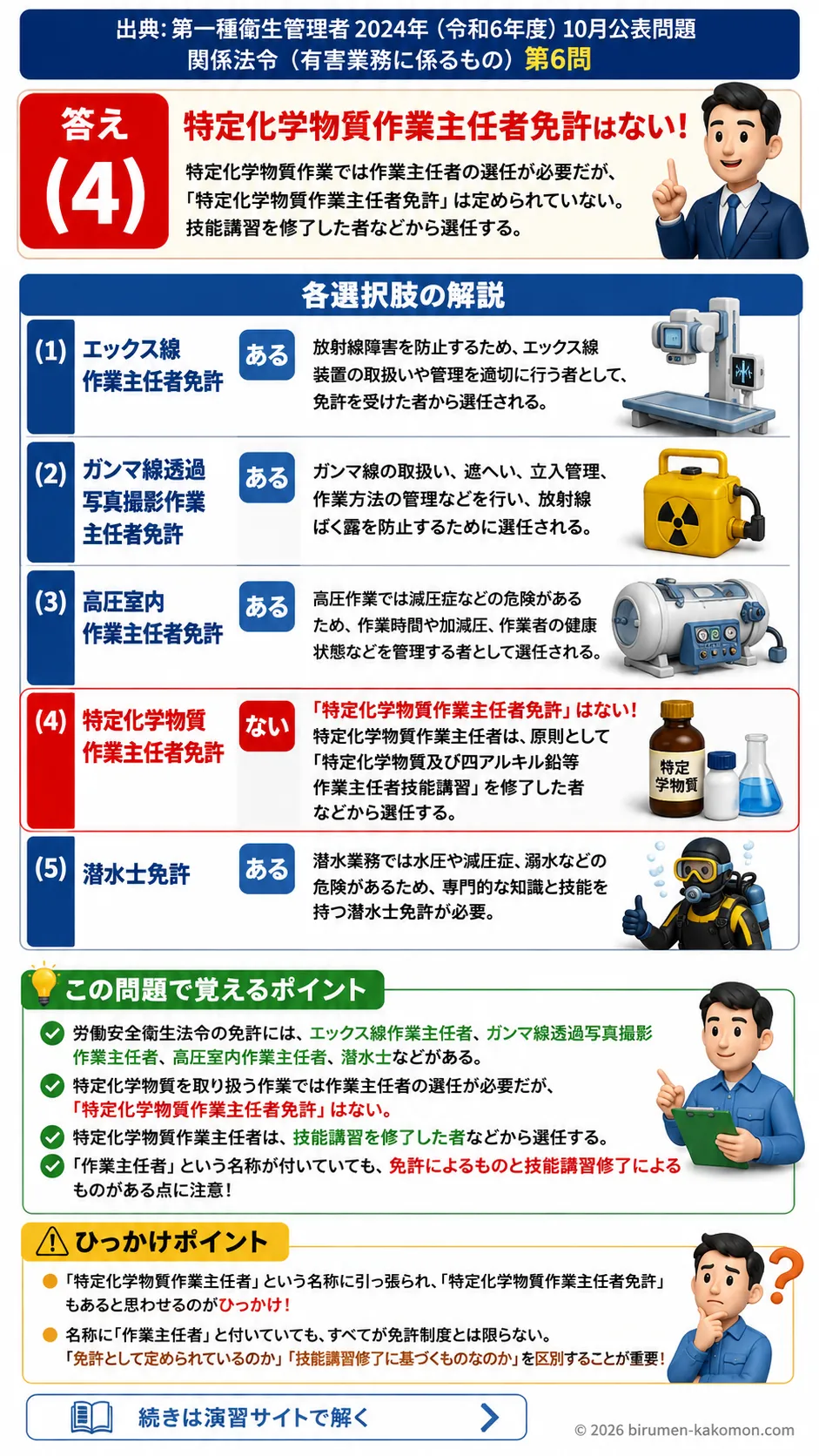 【特例第一種衛生管理者過去問】2024年10月公表問題｜問6｜労働安全衛生法の免許制度と作業主任者免許一覧｜関係法令（有害業務）__t1syu-2024-10-houreiyugai-q6
