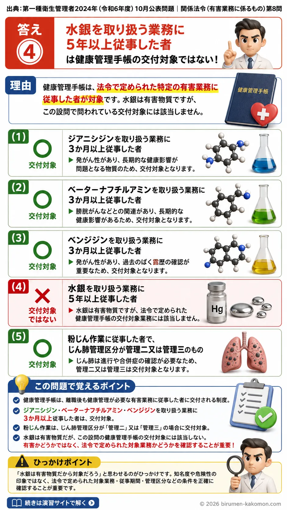 【特例第一種衛生管理者過去問】2024年10月公表問題｜問8｜健康管理手帳の交付対象業務と有害業務一覧｜関係法令（有害業務）__t1syu-2024-10-houreiyugai-q8