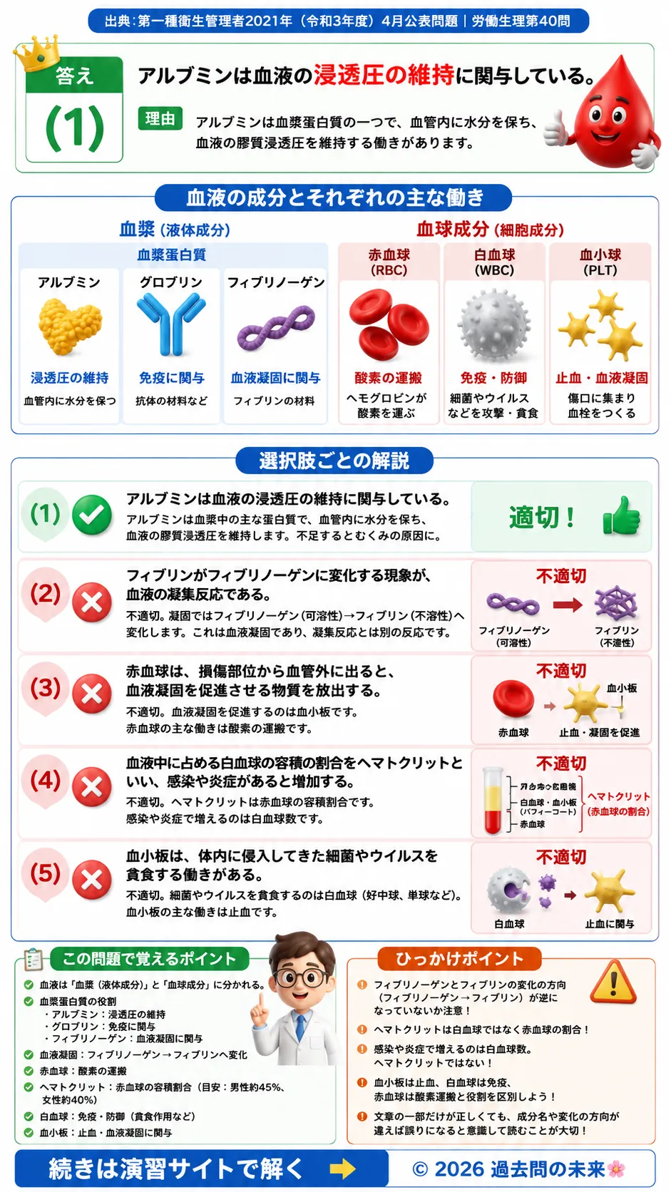 【第一種衛生管理者過去問】2021年4月公表問題｜問40｜血液の成分と赤血球・白血球・血小板の働き｜労働生理を解説する画像__1syu-2021-04-seiri-q40