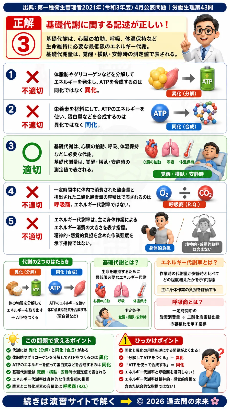 【第一種衛生管理者過去問】2021年4月公表問題｜問43｜代謝の仕組み・基礎代謝・エネルギー代謝率｜労働生理を解説する画像__1syu-2021-04-seiri-q43