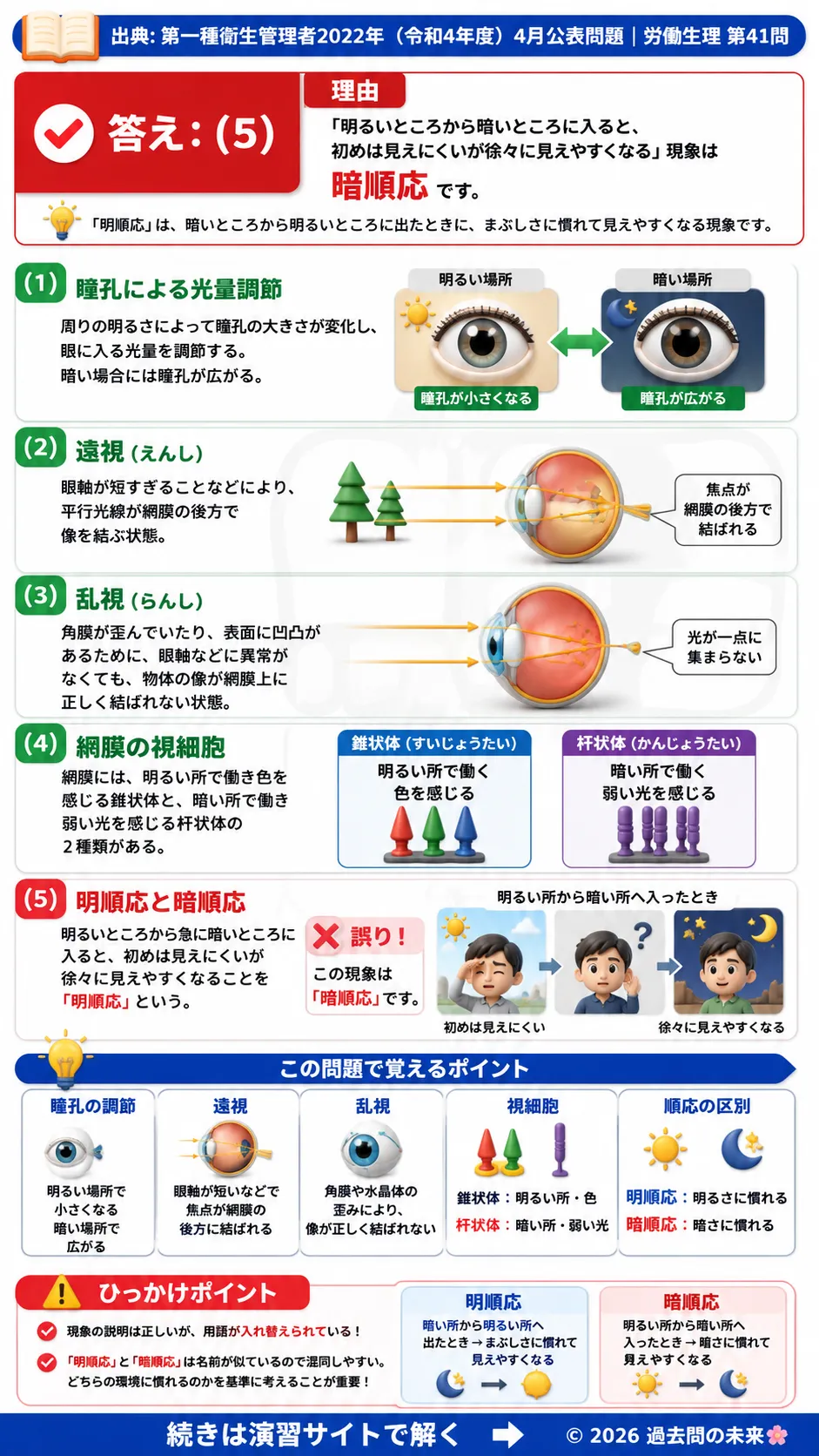 【第一種衛生管理者過去問】2022年4月公表問題｜問41｜視覚の仕組み・遠視・乱視・明暗順応の基礎知識｜労働生理を解説する画像__1syu-2022-04-seiri-q41