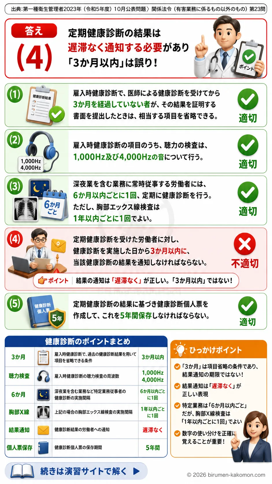 【第一種衛生管理者過去問】2023年10月公表問題｜問23｜健康診断の実施基準と健康診断個人票の保存期間｜関係法令（有害業務以外）を解説する画像__1syu-2023-10-hourei-q23
