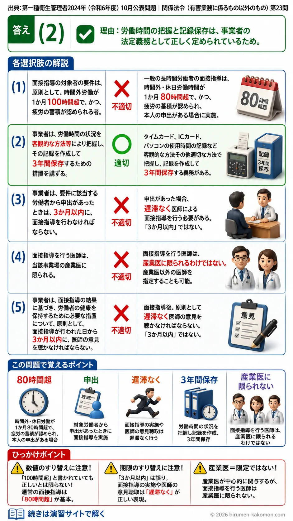 【第一種衛生管理者過去問】2024年10月公表問題｜問23｜長時間労働者の医師面接指導と過重労働対策｜関係法令（有害業務以外）を解説する画像__1syu-2024-10-hourei-q23