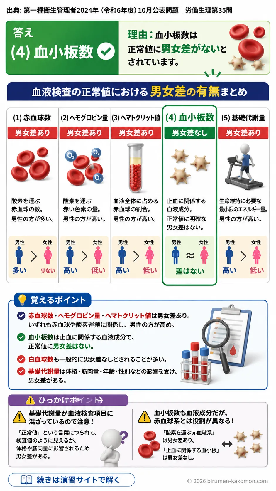 【第一種衛生管理者過去問】2024年10月公表問題｜問35｜血液検査基準値と男女差のある検査項目｜労働生理を解説する画像__1syu-2024-10-seiri-q35