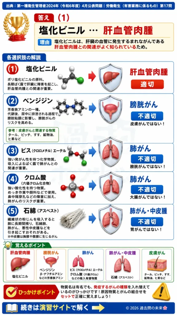 【第一種衛生管理者過去問】2024年4月公表問題｜問17｜職業がんの原因物質と発症リスク一覧｜労働衛生（有害業務）を解説する画像__1syu-2024-04-eiseiyugai-q17