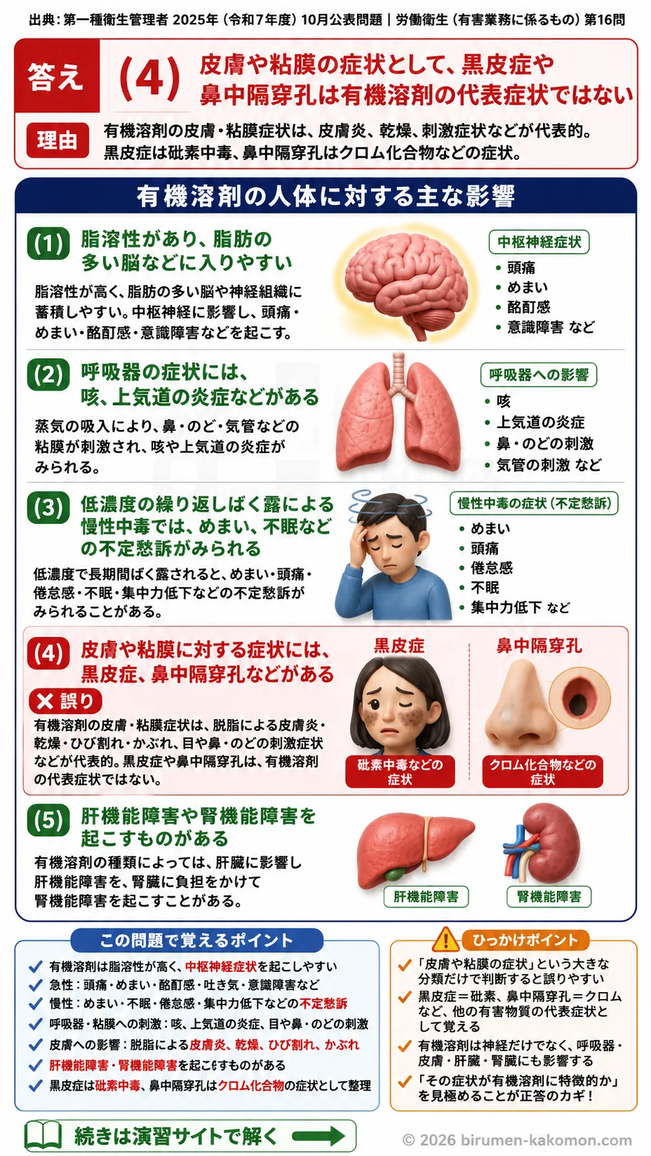【第一種衛生管理者過去問】2025年10月公表問題｜問16｜有機溶剤中毒の症状と人体への健康影響｜労働衛生（有害業務）を解説する画像__1syu-2025-10-eiseiyugai-q16