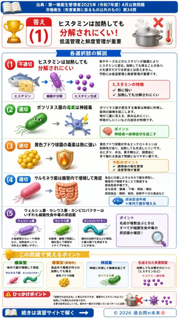 【第一種衛生管理者過去問】2025年4月公表問題｜問34｜細菌性食中毒と毒素型・感染型食中毒の特徴｜労働衛生（有害業務以外）を解説する画像__1syu-2025-04-eisei-q34
