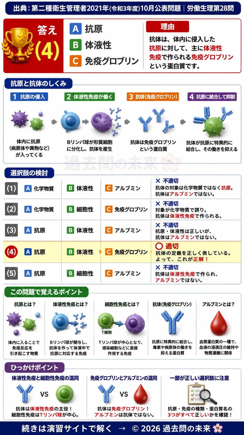 【第二種衛生管理者過去問】2021年10月公表問題｜問28｜抗体と免疫の基礎知識｜抗原・体液性免疫・免疫グロブリン｜労働生理を解説する画像__2syu-2021-10-seiri-q28
