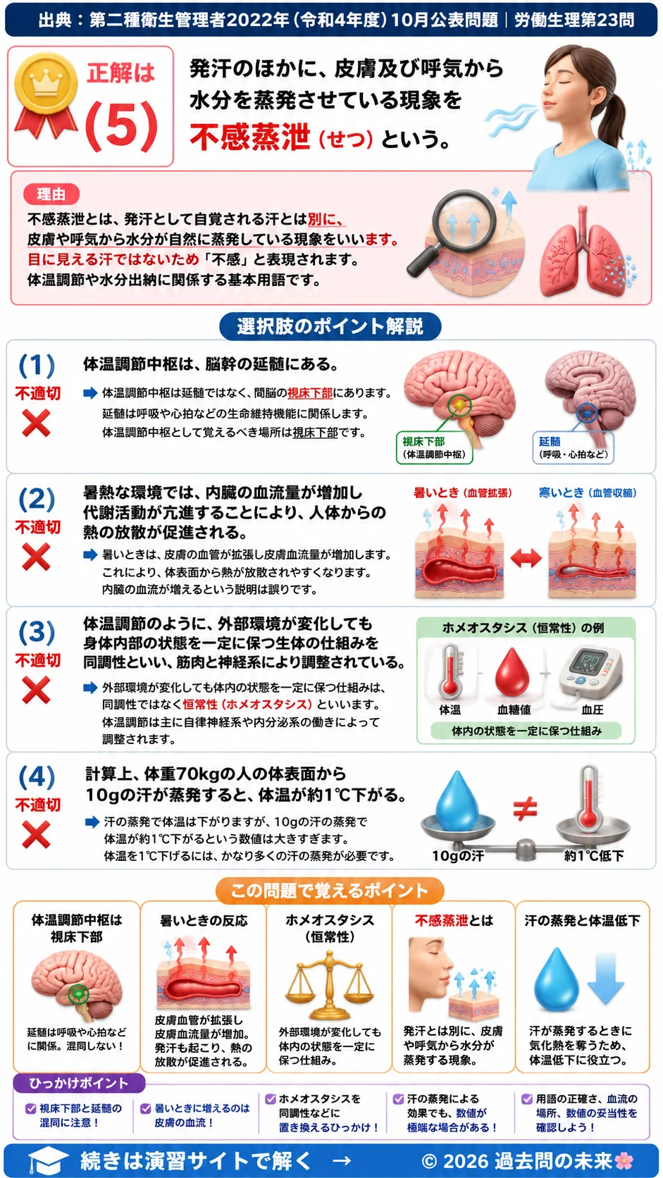 【第二種衛生管理者過去問】2022年10月公表問題｜問23｜体温調節の仕組み｜不感蒸泄とホメオスタシスの基礎知識｜労働生理を解説する画像__2syu-2022-10-seiri-q23