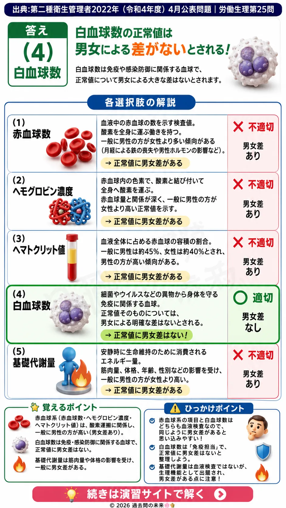 【第二種衛生管理者過去問】2022年4月公表問題｜問25｜血液検査の正常値｜赤血球・白血球・ヘモグロビンの男女差｜労働生理を解説する画像__2syu-2022-04-seiri-q25