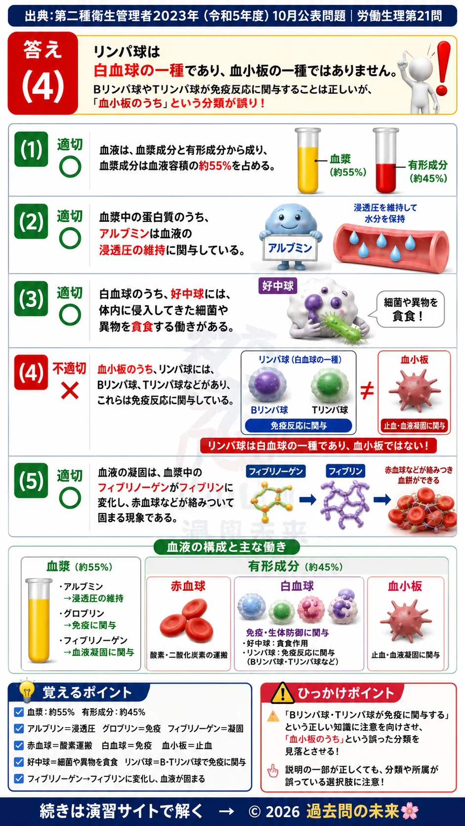 【第二種衛生管理者過去問】2023年10月公表問題｜問21｜血液の構成と働き｜血漿・白血球・血液凝固の基礎知識｜労働生理を解説する画像__2syu-2023-10-seiri-q21