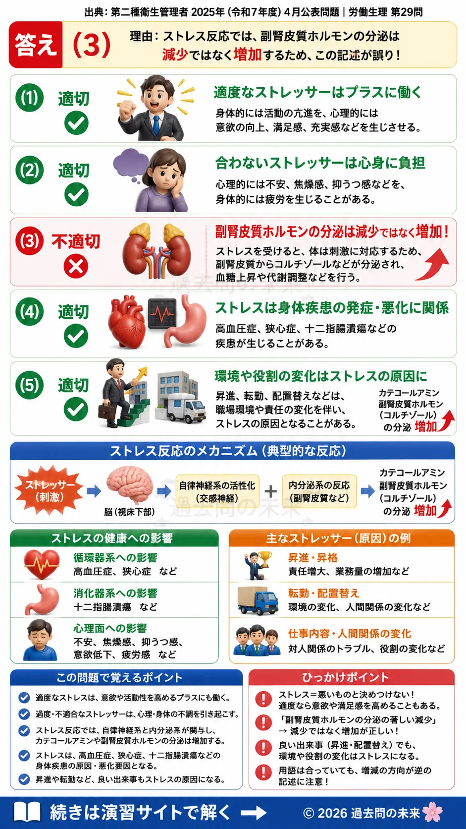 【第二種衛生管理者過去問】2025年4月公表問題｜問29｜ストレスの基礎知識｜ストレッサー・ストレス反応・健康影響｜労働生理を解説する画像__2syu-2025-04-seiri-q29