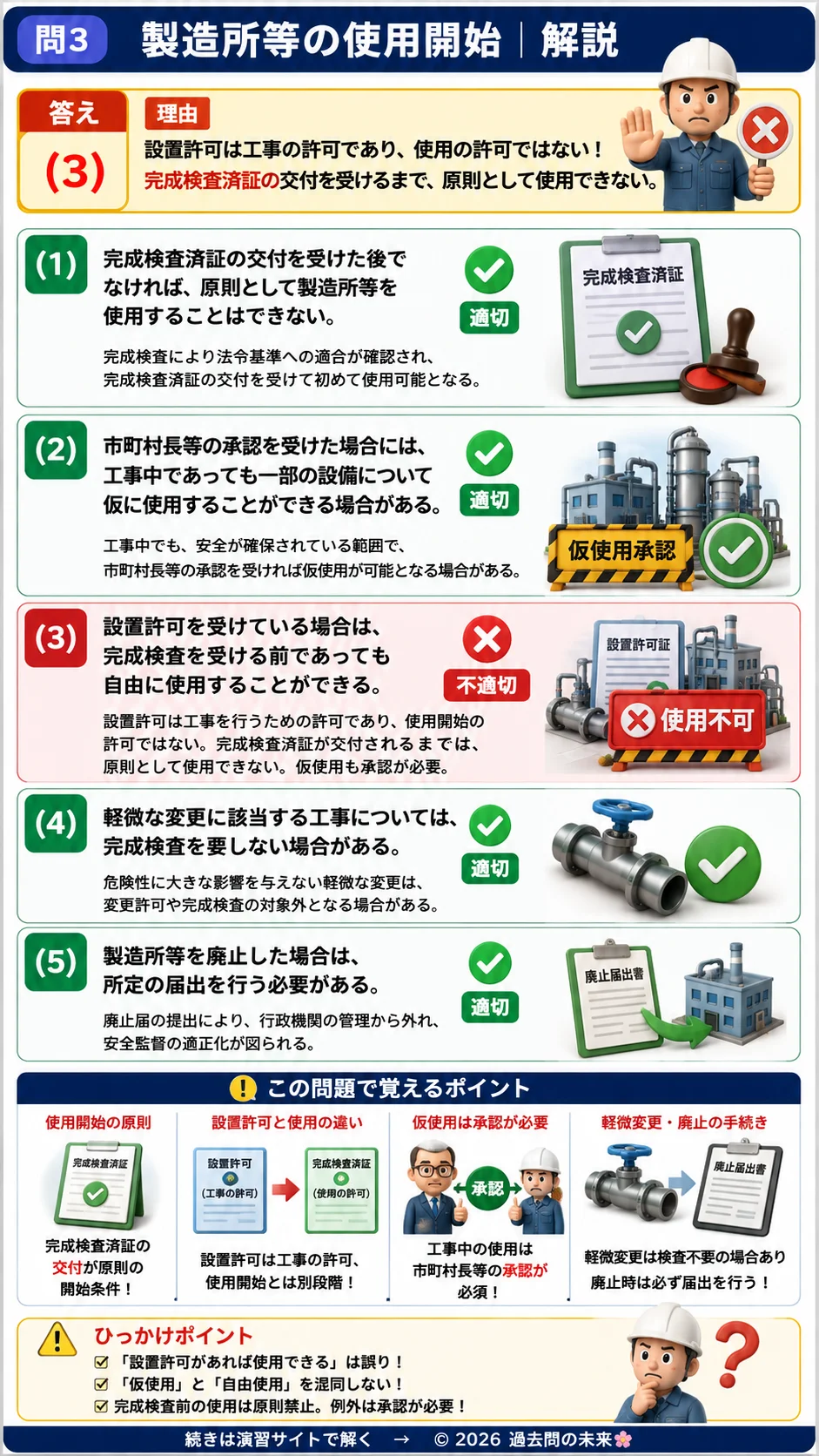 【危険物取扱者乙種４類予想問題５】｜問3｜製造所等の使用開始｜法令を解説する画像__otu4-05-hourei-q3
