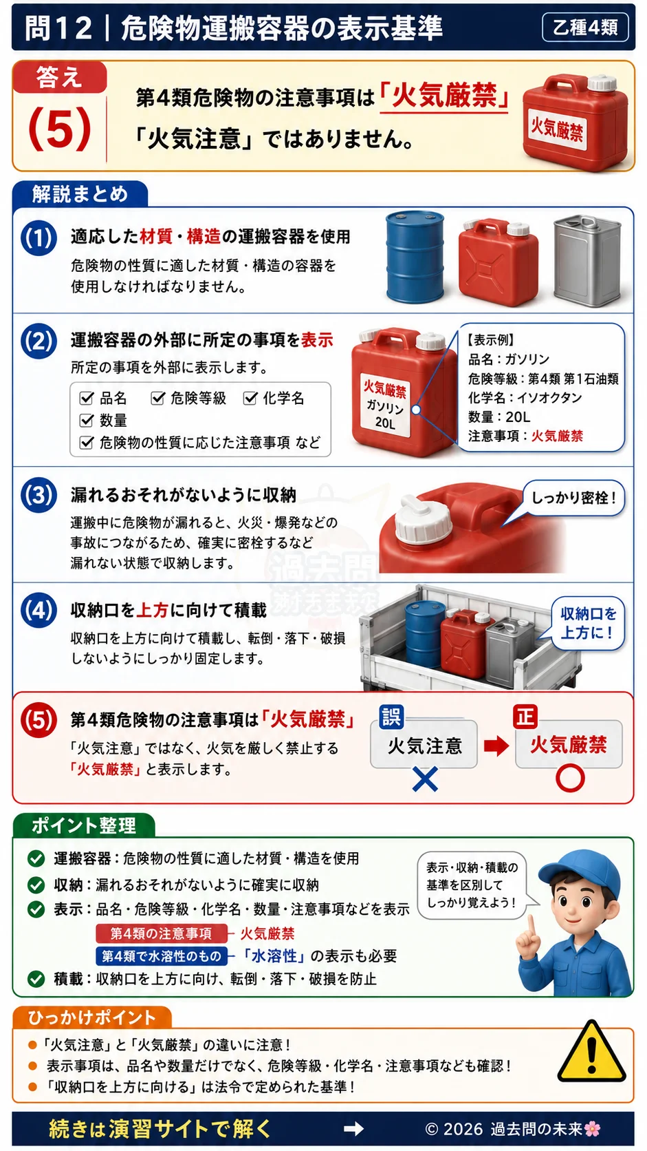 【危険物取扱者乙種４類予想問題７】｜問12｜危険物運搬容器の表示基準｜法令を解説する画像__otu4-07-hourei-q12